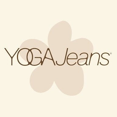 YOGA Jeans logo with brown text over a beige flower shape on a light background