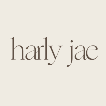 harly jae minimalist logo with brown text on a beige background