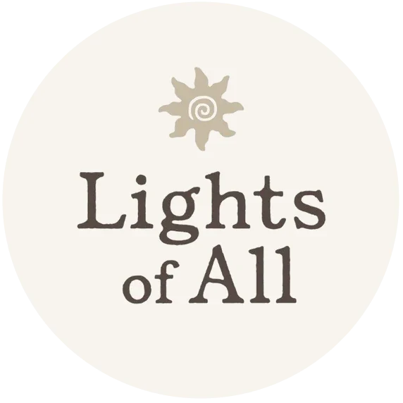 Lights of All logo with spiral sun icon on a cream circular background
