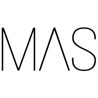 Minimalist MAS logo with thin black letters on a white background