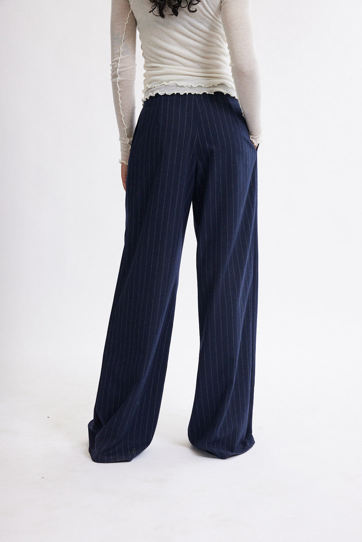 Miranda Trousers- Navy Pinstripe - Eliza Faulkner - side view
