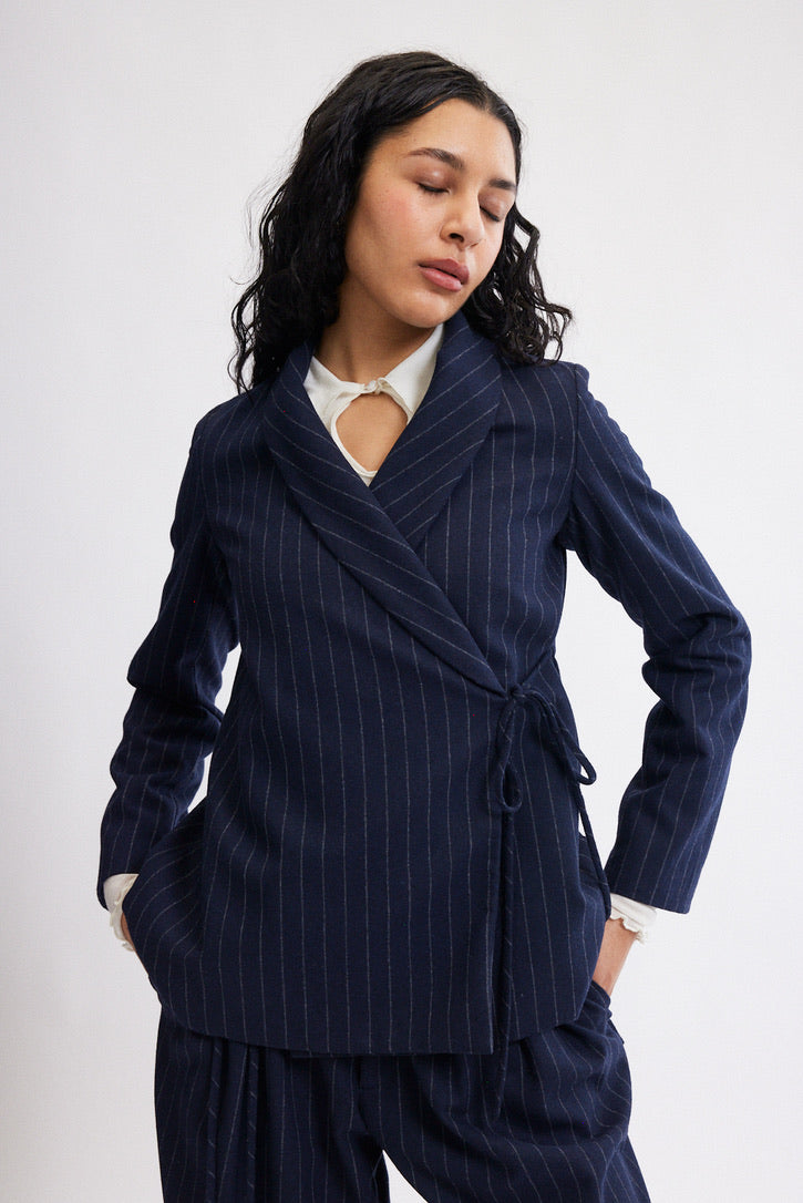 Blythe Blazer - Navy Pinstripe - Eliza Faulkner - side view