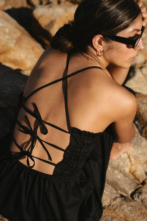 Lace Up Midi Dress - Black - Modern Sunday - detail view
