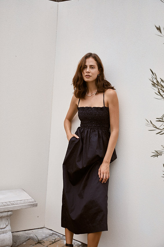 Lace Up Midi Dress - Black - Modern Sunday - back view