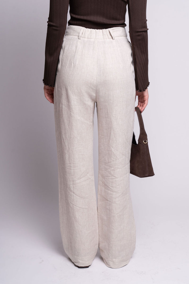 Person wearing light-colored wide-leg pants and a brown top on a white background