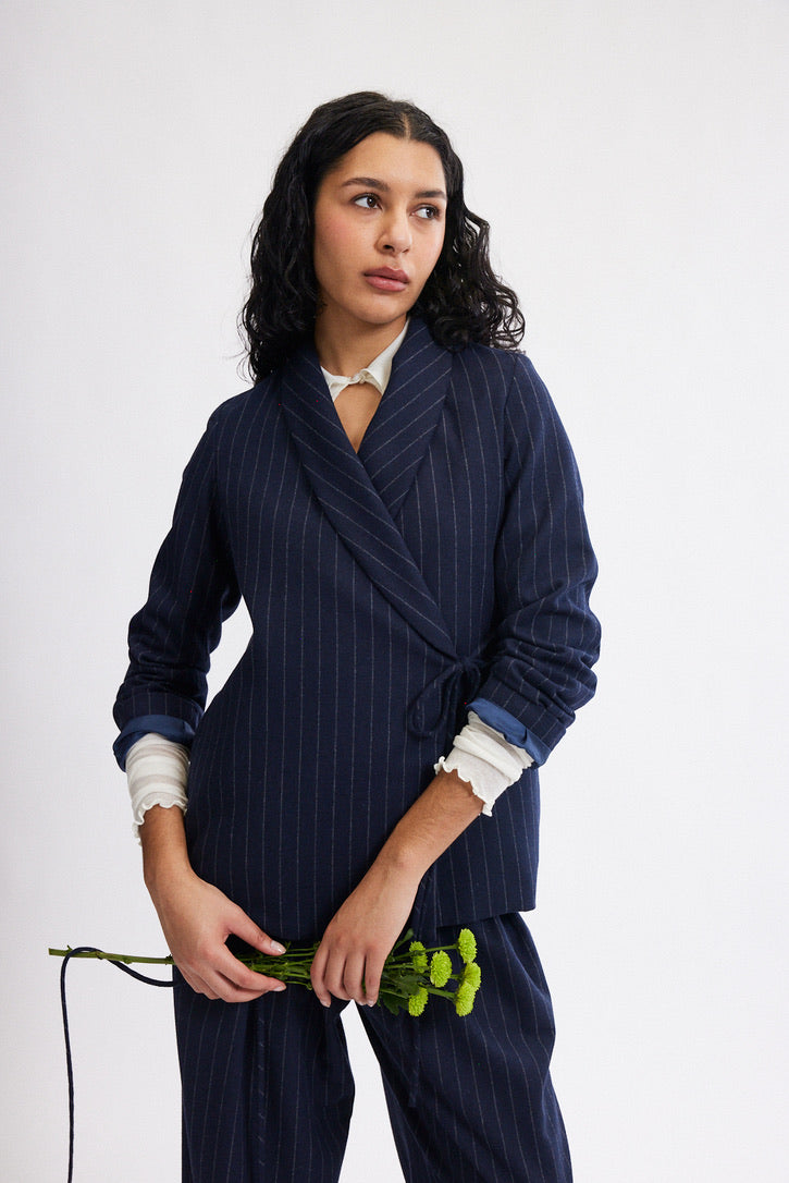 Blythe Blazer - Navy Pinstripe - Eliza Faulkner - front view