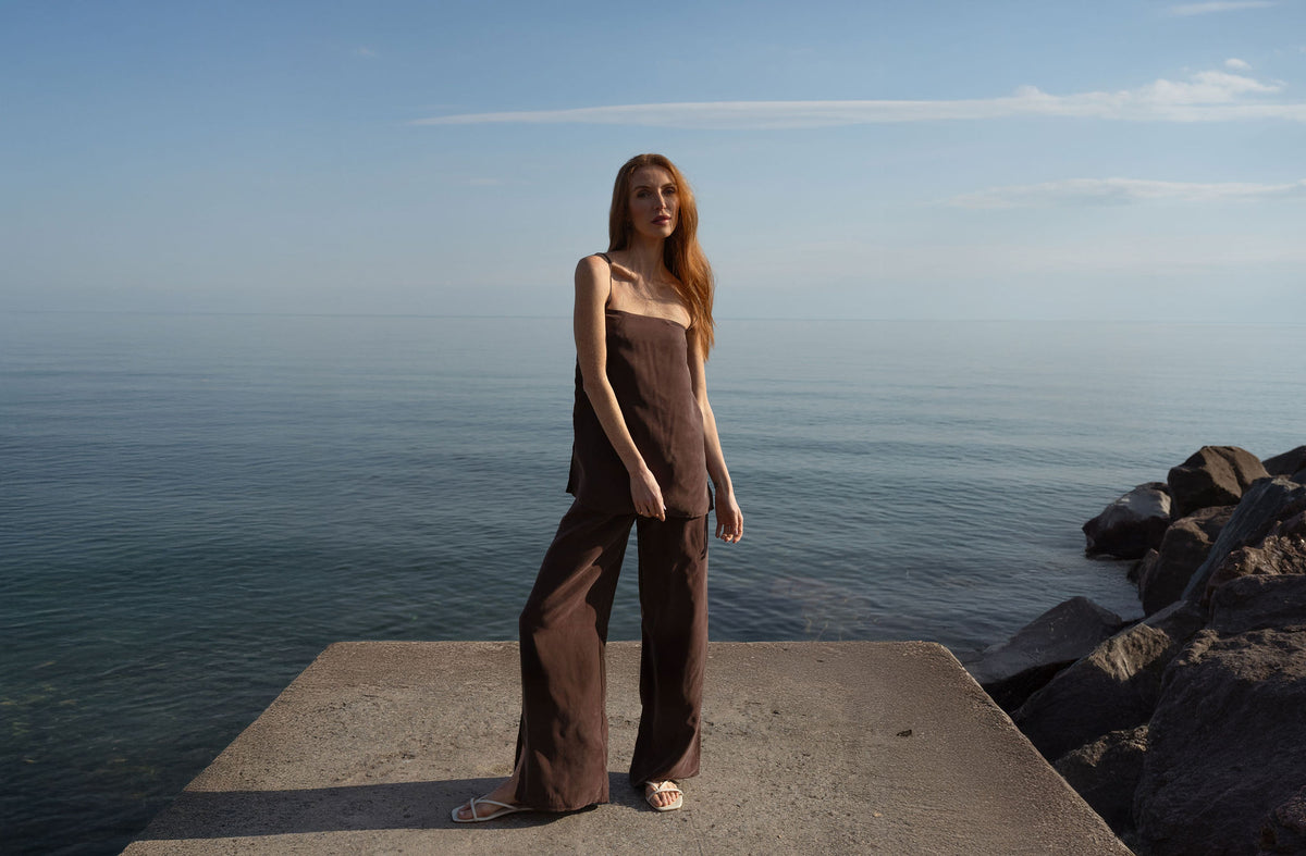 Cupro Slit Pants - Espresso - Modern Sunday - front view
