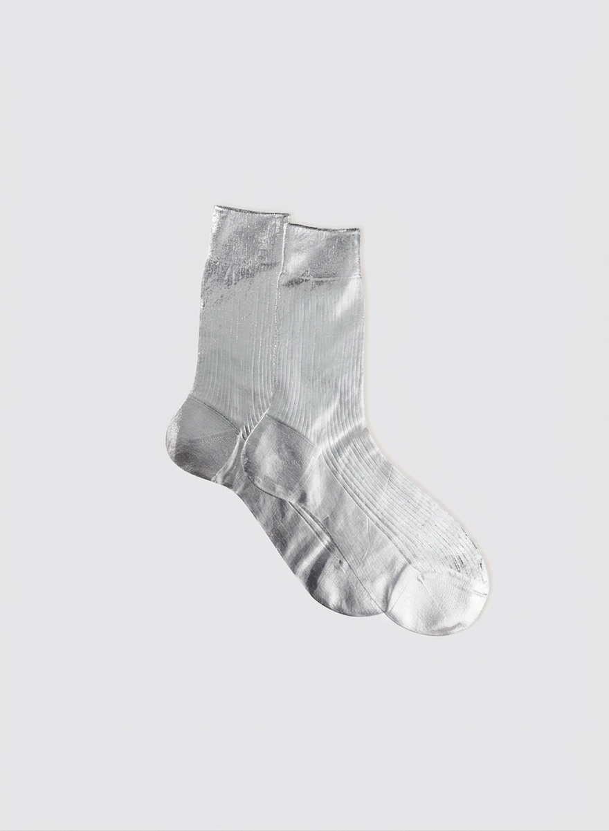 One Ribbed Laminated Socks - Silver - Maria La Rosa - side view