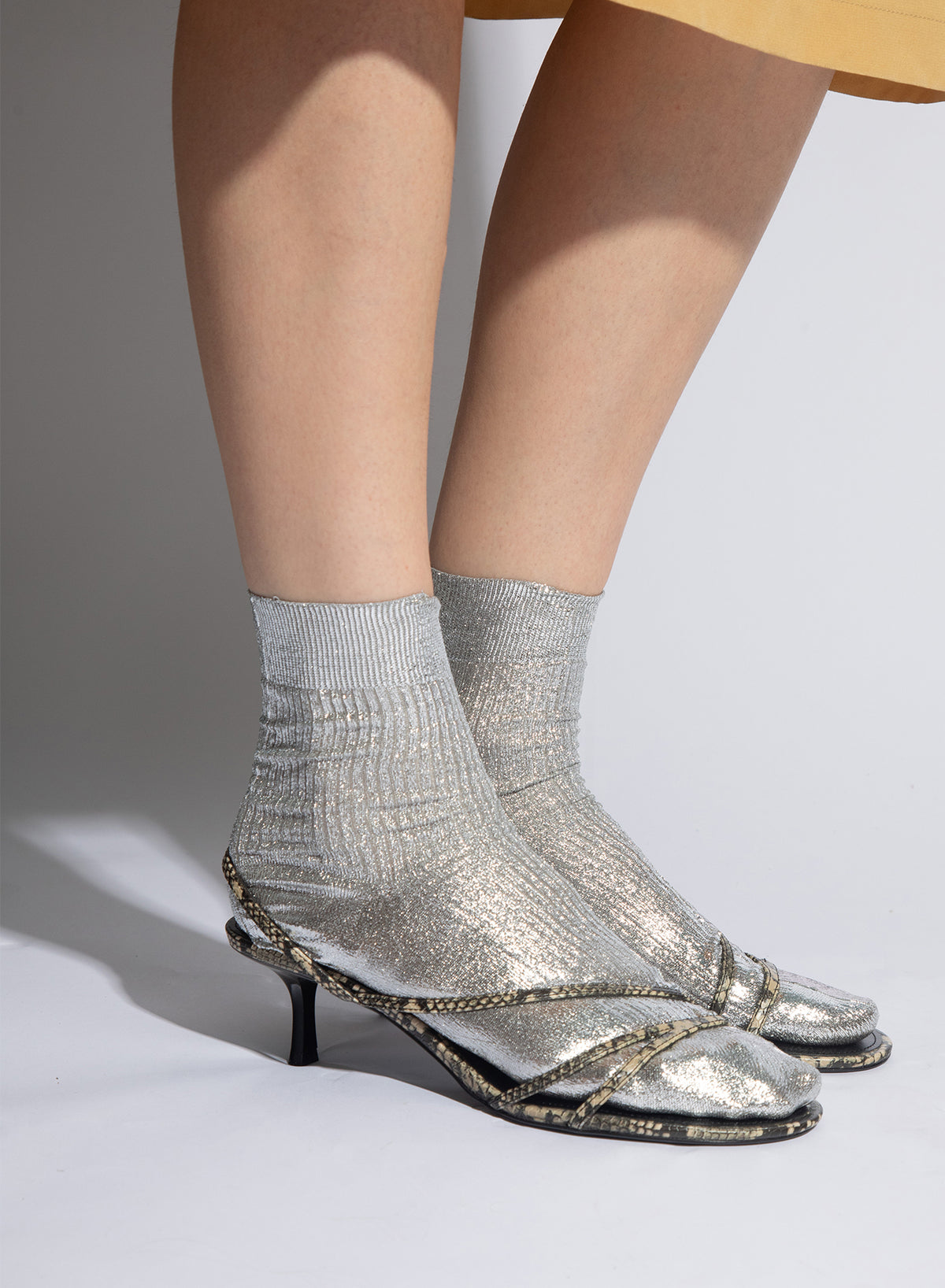 One Ribbed Laminated Socks - Silver - Maria La Rosa - front view